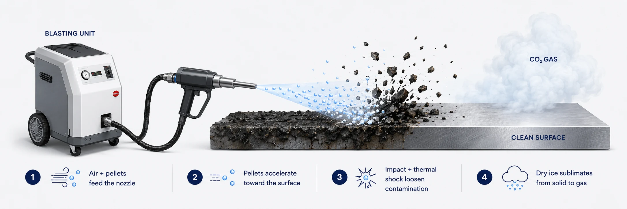 Dry ice blasting process diagram showing the blasting unit, pellets striking a contaminated surface, contaminant release, and CO2 sublimation to gas.
